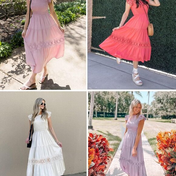 Women's Rayon Midi Dress Crew Neck Flutter Sleeves High Waist Lace Trim - Picture 5 of 7